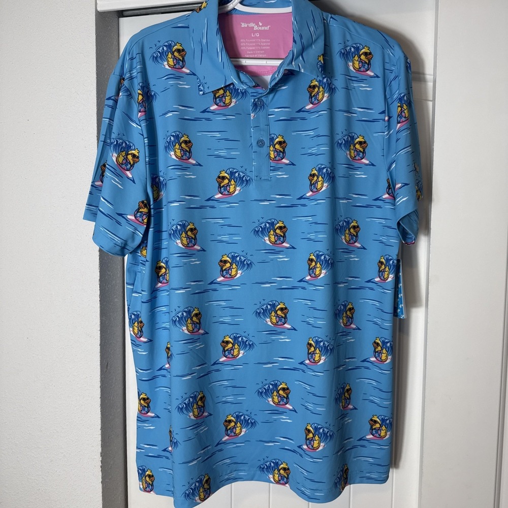 Birdie Bound Surf Golf Polo Shirt Mens L Blue Tropical Rubber Duck Cruise